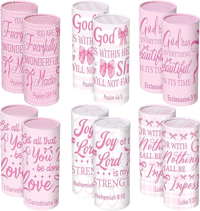 Outus 12 Pcs Christian Car Tissues Cylinder Holder with 3 Ply Facial Tissue Bulk Pink Bow Religious Round Tissue Holder Inspirational Scripture Travel Tissues Boxes Container for Car Cup Home Office