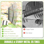 Joyhalo Rake for Leaves Adjustable 65 Inch Long, 18 Inch Wide Garden Rake with 25 Tines, Metal Leaf Rakes, Rakes for Lawns, Gathering Leaves, Weeds, Debris