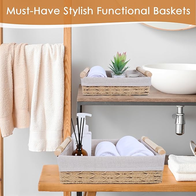 Wicker Storage Basket with Wooden Handle – Paper Rope Decorative Toilet Paper Baskets & Bathroom Organizer for Toilet Tank Top, Shelves, Bedroom, Countertop,Home,Office Storage Bins, 2 Pack,Beige