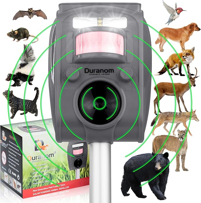 DURANOM Ultrasonic Animal Repeller – Solar Powered Outdoor Deterrent with Flashing Light & Motion Sensor – Repels Deer, Cats, Rodents, Raccoons – Animal Control for Yard & Garden