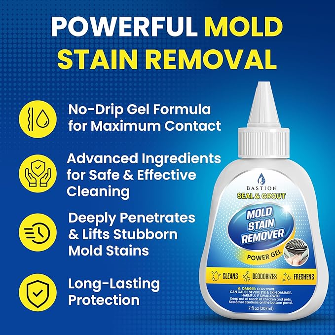 Bastion Mold Stain Remover Power Gel Cleaner Heavy Duty Cleaning Solution for Front Loader Washing Machine Seal, Bathroom Grout, Shower, Caulk (7 fl oz)