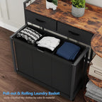 STIKELY L Shaped Laundry Hamper Laundry Basket with 3 Section Pull-Out Rolling Bags & 3-Tier Storage Shelf, Laundry Sorter for Organization and Storage with 2 Drawers for Laundry Room