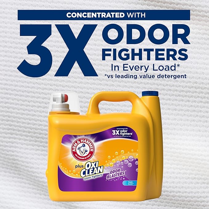 ARM & HAMMER Plus OxiClean with Odor Blasters Liquid Laundry Detergent, Laundry Odor Remover, Attacks Stains, Fresh Burst Scent, 122 Loads, 158.6 Fl Oz