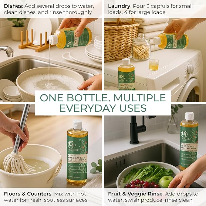 Dr. Jacobs Naturals Eucalyptus Castile All-in-One Cleaner and Soap - Plant-Based Formula for House Cleaning Floors and Appliances - Gentle on Skin and the Planet - 32 oz, 1 Pack
