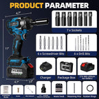 500 N.m Brushless Impact Wrench with Small Wrench, Waist Hook, 7 Sockets, 6 Scredrivers and 6 Drill Bits 3500 RPM Heavy Duty Impact Drill for Cars, RV, Truck,Home Furniture and DIY Projects