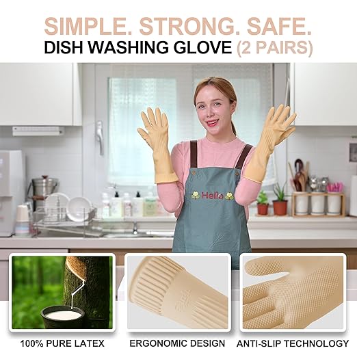 Mamison 2 Pairs Reusable Waterproof Household Dishwashing Cleaning Rubber Gloves, Non-Slip Kitchen Glove (Ivory, XL (Pack of 2))
