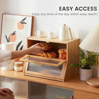 GHWIE Double Layer Bamboo Bread Box for Kitchen Counter,Large Capacity Bread Storage Bin,Bread Container with Acrylic Wavy Door Panel (Natural, Medium)