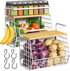 Ofiray-home Magnetic Fridge Shelf with Wood Lid, Fruit Potato Onion Storage Bins, Pantry Organizers, Large Container Spice Rack for Refrigerator, Kitchen Counter, Cabinet (2, White)