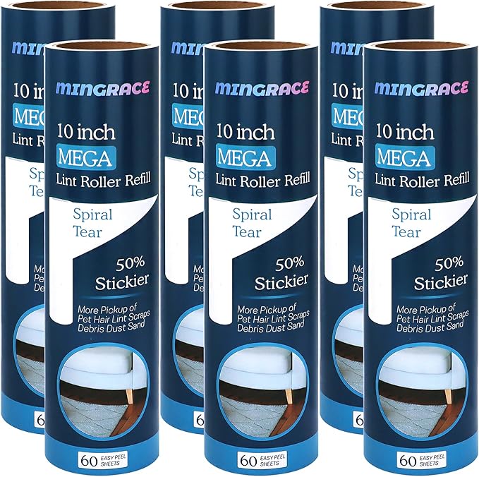 10 inch Mega Lint Roller Refills Compatible with Evercare Smart Design Layers Large Mega Lint Rollers and More, 50% More Pickup, 60 Sheets per Refill, Pack of 6, 360 Sheets Total
