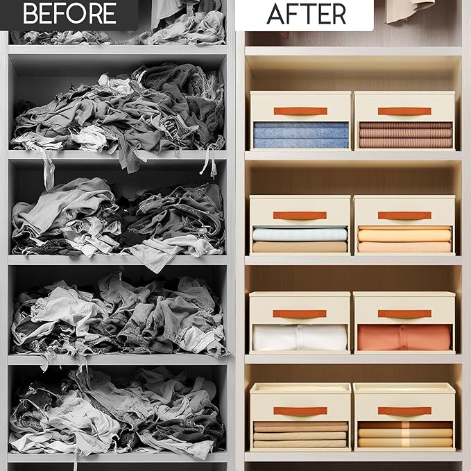 Homsorout Drawer Organizers and Storage - 8 Pack Foldable Pants Organizer with Clear Window & Handles, Fabric Closet Organizer for Clothes, Jeans, Sweaters, Towels, T-shirt, Scarf (Beige)