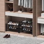 ROMGUAR CRAFT 2 Tier (Thick) Bamboo Shoe Rack for Closet Free Standing Wood Shoe Shelf for Entryway Small Space Stackable 27"x12"x14" (Black)