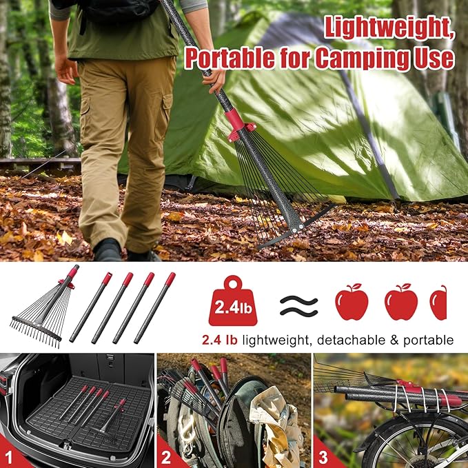 Adjustable Garden Leaf Rake - 58" Heavy Duty Metal Leaves Rake with Expandable Head (8”-17”), Collapsible Kids Rakes for Gardening Beds,Yard,Lawn,Shrub,Small Areas,Pine Needle & Camping Cleaning