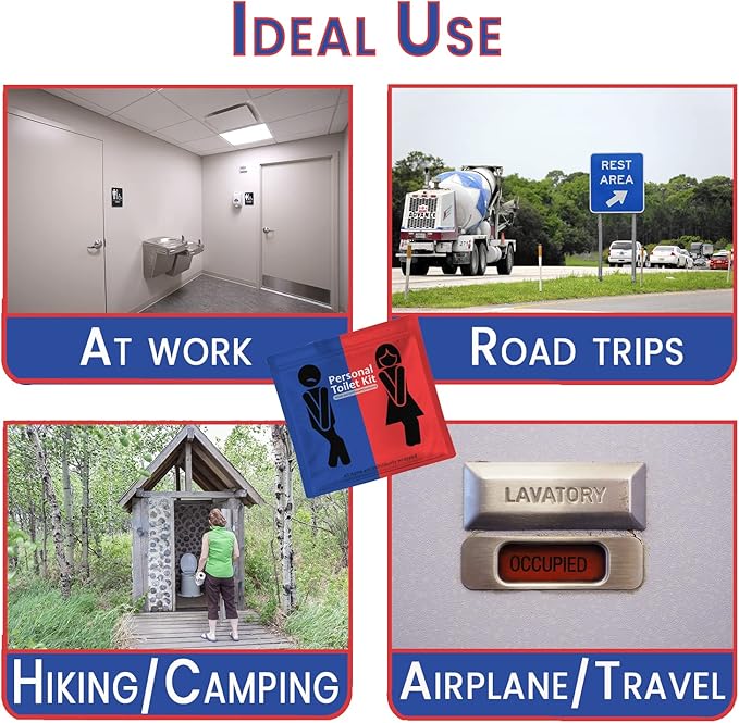 pH Advantage 3 x Personal Toilet Kit | Public Restroom Kit | Toilet Paper, Toilet Seat Cover, Butt Wipes, Cleansing Wipes (White Roll/Light Blue/Red Blue)