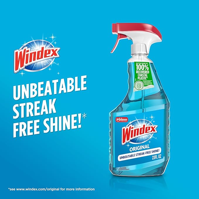 Windex Glass and Window Cleaner Spray Bottle, Bottle Made from 100% Recycled Plastic, Surface Cleaning Spray, Original Blue Scent, 23 Fl Oz (Pack of 6)