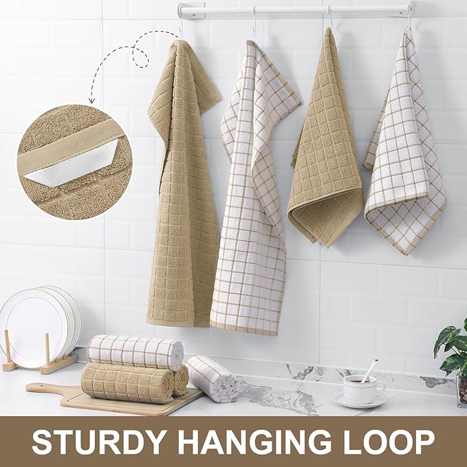 Homaxy Premium Cotton Kitchen Towels 16"x 28", Large Natural Ring Spun 390 GSM Dish Towels, Super Absorbent Terry Kitchen Hand Towels, Soft Tea Towel with Hanging Loop, Tan Check Design, 6 Pack