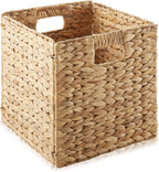 Casafield 10.5" x 10.5" Water Hyacinth Storage Baskets, Natural - Set of 2 Collapsible Cube Organizers, Woven Bins for Bathroom, Bedroom, Laundry, Pantry, Shelves