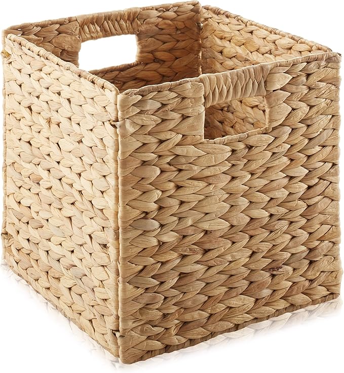 Casafield 10.5" x 10.5" Water Hyacinth Storage Baskets, Natural - Set of 6 Collapsible Cube Organizers, Woven Bins for Bathroom, Bedroom, Laundry, Pantry, Shelves