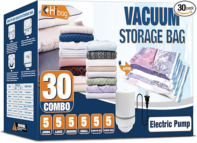 HIBAG Vacuum Storage Bags with Electric Pump, Vacuum Seal Bags for Clothing, Pillows, Blanket Bedding Comforters, 30 pack