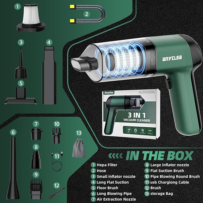 3 in 1 Car Vacuum Portable Cordless, 12000PA Strong Suction, 2 Suction Modes, Rechargeable with Type-C, Handheld Vacuum for Car, Office, Home, Pet