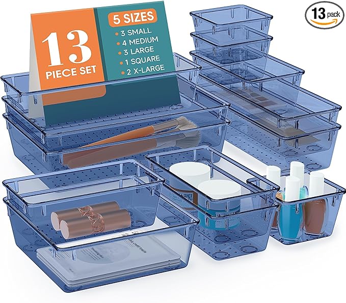 StorMiracle 13 PCS Drawer Organizer Set, 5 Varied Size Bathroom and kitchen Drawer cabinet organizer Trays, Clear Storage Bins for Makeup, Jewelry, Utensils and Gadgets, Dark Blue