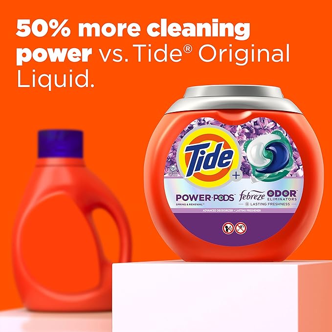 Tide Power Pods with Febreze Laundry Detergent Pacs, 63 Count, Spring & Renewal Scent, All-Day Freshness