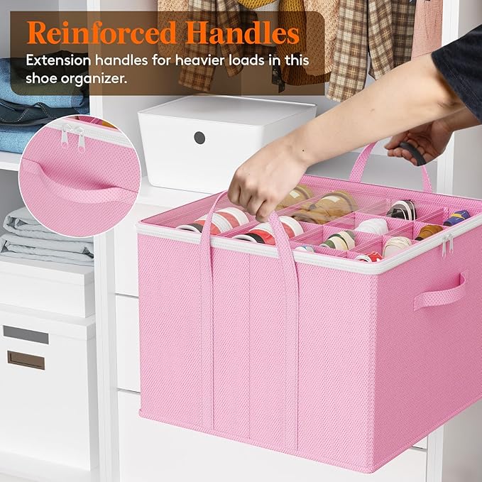 Lifewit 4 Pack Shoe Storage Organizer for Closet, Large Shoe Box Storage Containers with Clear Cover, Foldable Storage Bins Fit for Boots Fits 48-64 Pairs (Each 12-16 Pairs) Pink