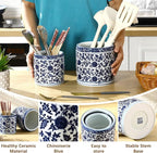 2 Pcs Blue and White Kitchen Utensil Holder 5"+6.1" Ceramic Kitchen Cooking Holder for Countertop Large Utensil Crock for Home Decor Parties Chinoiserie Blue