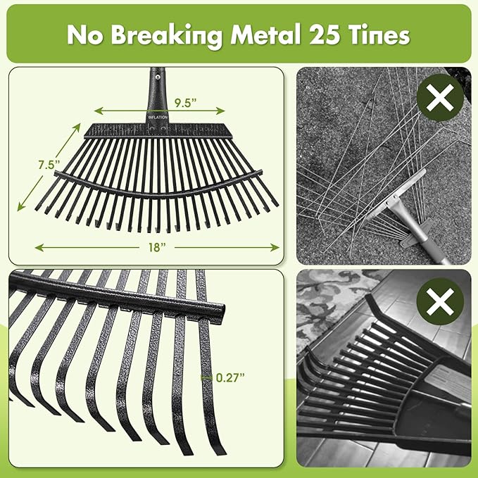 INFLATION Garden Rake for Leaves Heavy Duty Women Men Grandpas for Lawns,79” Length 18” Width Adjustable 25 Tines Sturdy Metal Yard Leaf Rakes with Non-Slip Comfortable Smooth Long Handle