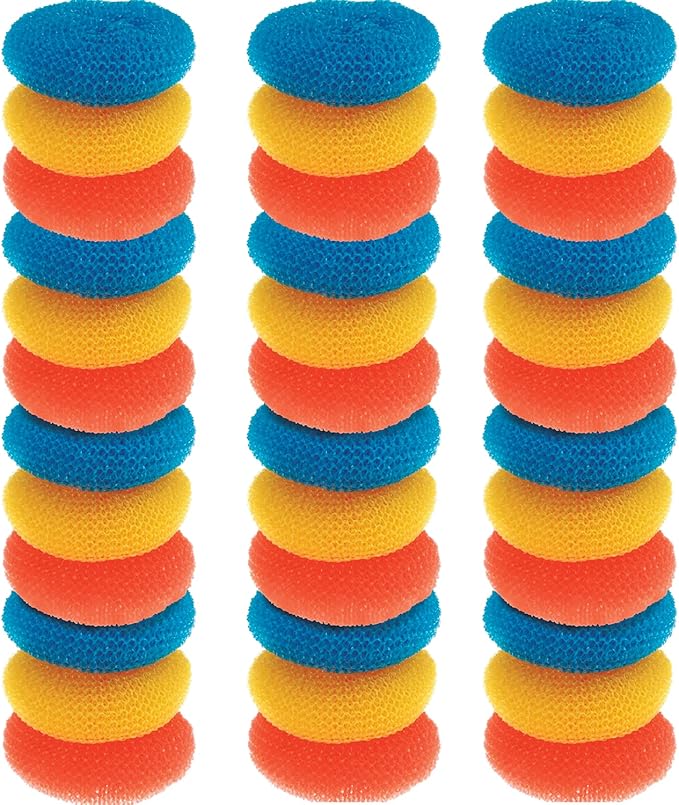 Plastic Mesh Scouring Pads 36 Pk Non-Scratch Dish Scrubbers to Clean Dishes, Assorted Colors - Red, Blue & Yellow