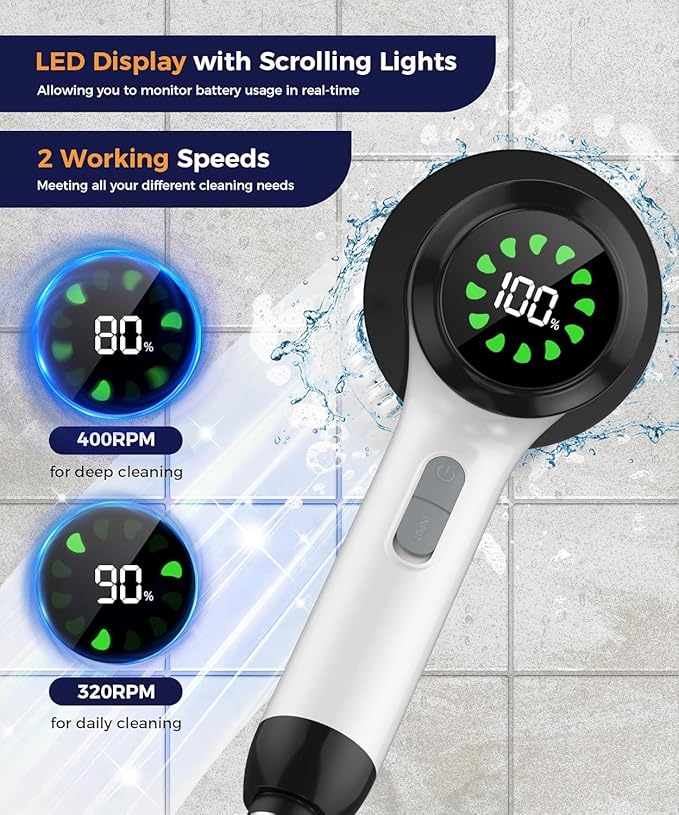 Electric Spin Scrubber, Cordless Cleaning Brush, Bathroom Shower Scrubber with 7 Replaceable Brush Heads, 2 Adjustable Speeds, Extension Handle, IPX7 Waterproof for Tub Tile Floor Car, White-o2.