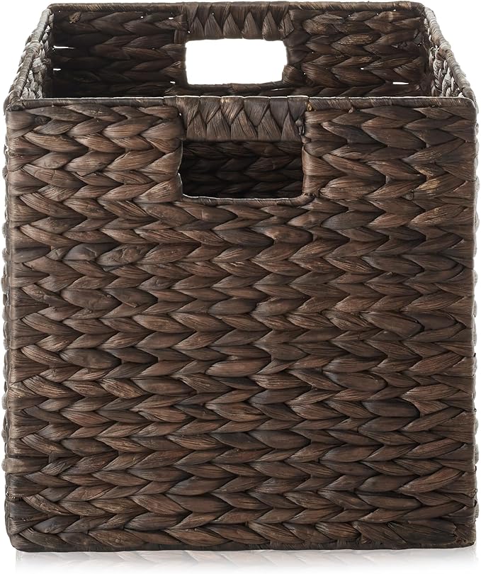 Casafield 12" x 12" Water Hyacinth Storage Baskets, Espresso - Set of 2 Collapsible Cube Organizers, Woven Bins for Bathroom, Bedroom, Laundry, Pantry, Shelves