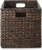 Casafield 12" x 12" Water Hyacinth Storage Baskets, Espresso - Set of 2 Collapsible Cube Organizers, Woven Bins for Bathroom, Bedroom, Laundry, Pantry, Shelves