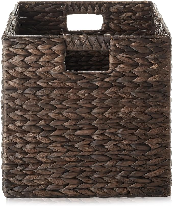 Casafield 12" x 12" Water Hyacinth Storage Baskets, Espresso - Set of 4 Collapsible Cube Organizers, Woven Bins for Bathroom, Bedroom, Laundry, Pantry, Shelves