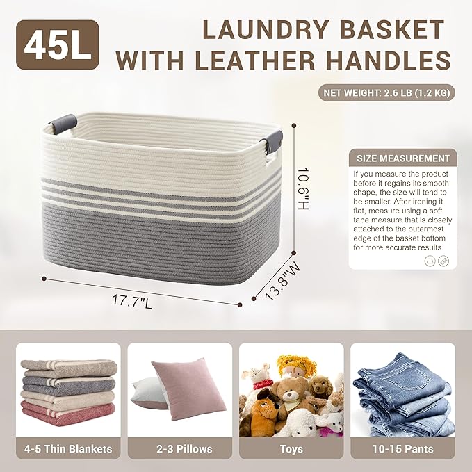 45L Small Laundry Basket with Leather Handles for Living Room Storage, Woven Rope Baskets Bin for Blanket, Kids Toy, Gifts, Wicker Hamper for Bedroom Dirty Clothes, 18"x14"x11" White Grey