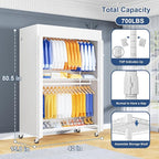 ULIFHOME P8C Pro Heavy Duty Clothes Rack（With Extended Width Design） Rolling Clothing Racks for Hanging Clothes with Lockable Wheels，42" W x 15.8" D x 80.5" H，Load 700LBS，White Rack with White Cover