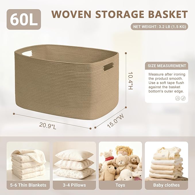 60L Small Wicker Laundry Basket for Living Room Storage,Boho Woven Cotton Rope Baskets for Kids Toy,Gifts,Square Blanket Hamper for Bedroom Dirty Clothes,Jute