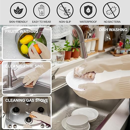 Reusable Waterproof Household Dishwashing Cleaning Rubber Gloves, Non-Slip Kitchen Glove (Ivory, Medium (Pack of 3))