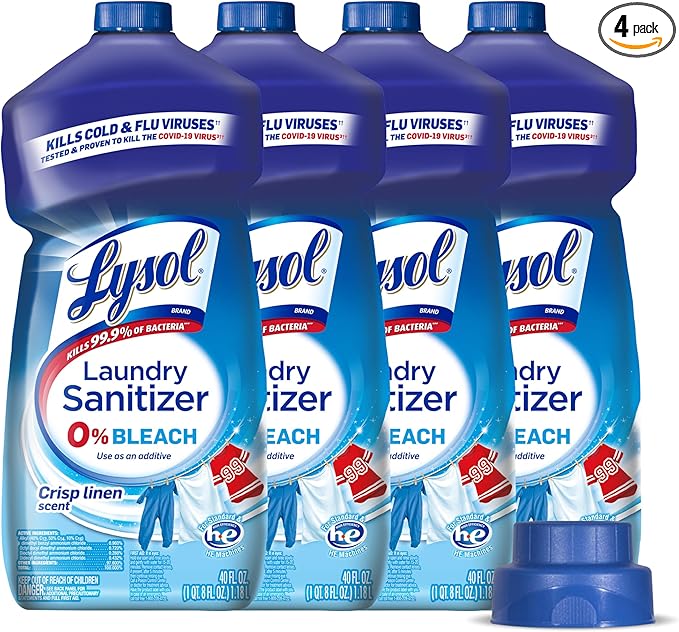 Lysol Disinfectant Laundry Sanitizer, Laundry Detergent Additive, Color Safe Bleach Alternative, Laundry Odor Eliminator, Kills Bacteria & Viruses, Crisp Linen Scent, 40 fl oz (pack of 4)