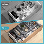 16 PCS Drawer Organizer Set, 4 Size Makeup Drawer Divider Organizer With Non-Slip Pads, Interlocking Plastic Storage Bins for Office,Jewelry Vanity,Gadgets, Bathroom,Kitchen, Grey