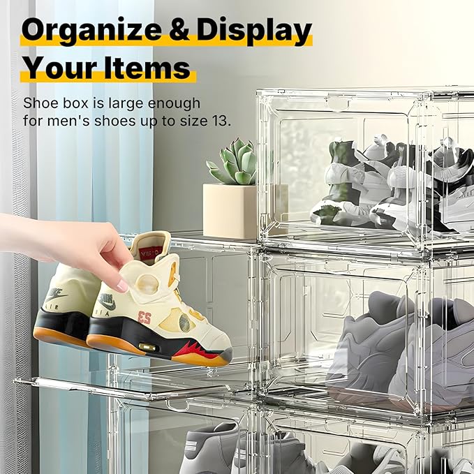 1 Pack Black Drop-Front Sneaker Box with Magnetic Door, Stackable Shoe Organizer for Closet or Room, Fits up to Size 13 – 13.5 x 10.55 x 7.5 In