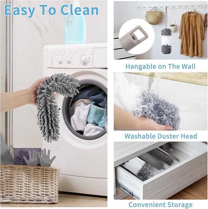 Microfiber Feather Duster with Extension Pole 30 to 100 inches, Reusable,Bendable, Washable Dusters for Cleaning Ceiling Fan, High Ceiling, Blinds, Furniture & Cars, 12PCS