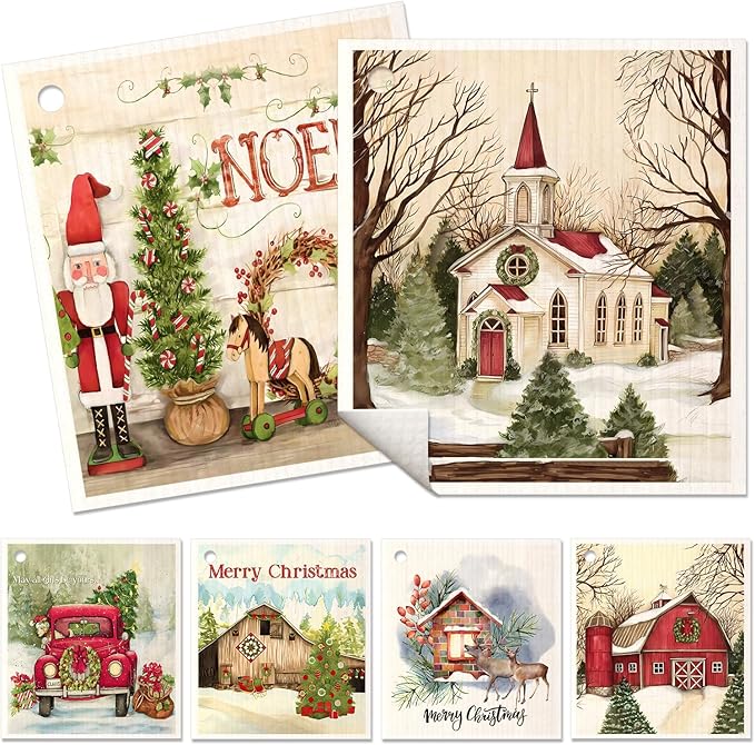 6 Pack Christmas Swedish Dishcloths for Kitchen - Reusable Dish Cloths for Washing Dishes Absorbent Cute Holiday Kitchen Towels Cleaning Sponge, Xmas Theme