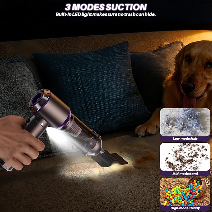 Car Vacuum Cleaner Portable, 22000PA High Power Handheld Vacuum Cordless with Brushless Motor & LED Light, Small Vacuum for Car, Home, Pet, Office