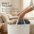 JMvicyroam 115L Extra Large Blanket Basket for Living Room - Woven Cotton Rope Laundry Hamper with Reinforced Handles - Storage Bin for Pillows, Comforters & Toys - Machine Washable,White