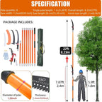 Manual Pole Saw for Tree Trimming, 27 FT Manual tree purner with 8 Fiberglass Handles, Sharp steel Blade and Scissors, Easy to Carry and Extendable Design for Tree Maintenance, Orange