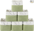 13 x 13 Inch Cube Storage Bins, 6 Pack Fabric Storage Basket with Handles, Foldable Boxes Organizer for Shelf Baskets for Home, Clothes (White/Green)