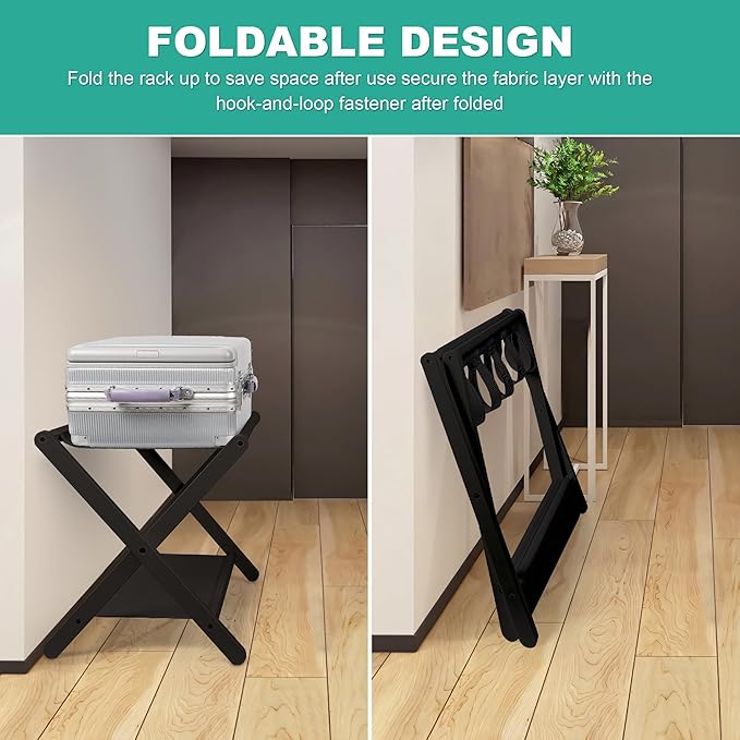 VASMIA Luggage Rack, Folding Suitcase Stand with Storage Shelf,Bamboo Luggage Stand for Guest Room,Bedroon and Hotel,Holds up to 131 lb,Fit Most Luggage Size,Black