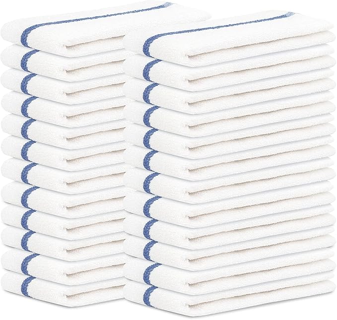 STF Linen Bar Mops Blue Stripe Pack of 24 Kitchen Towels 16x19 Multi-Purpose for Home, Restaurant and Cleaning White Absorbent Washcloth Dishcloths Sets, Reusable Dish, Cloths Rags