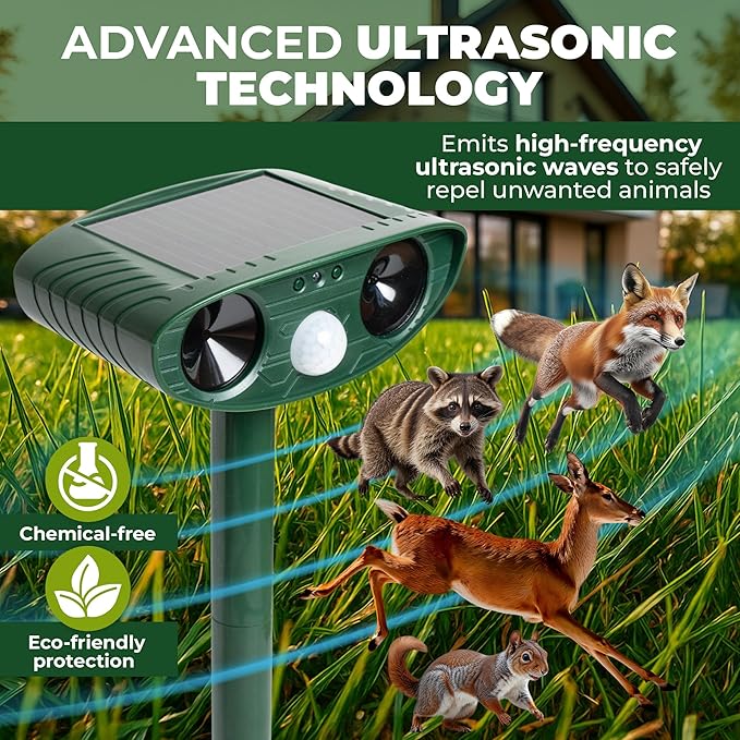 Solar Ultrasonic Animal Repeller Pack 2PCS | 120° Motion Sensor Up to 33ft Range | Waterproof Outdoor Deterrent for Garden & Yard | Deer, Cat, Dog & Raccoon Repellent | Solar Powered Pest