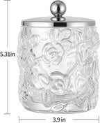 Clear Transparent Apothecary Floral Embossed Glass Jar With Silver/Chrome Metal Lid Cover for Bathroom Organization, Cotton Balls, Q Tips, and Small Accessories, Bathroom Storage